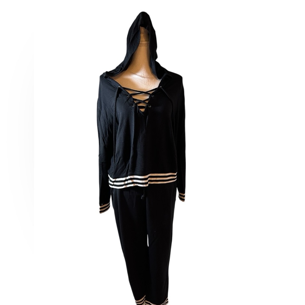Express Oversized Black Hooded Top with White Striped Trim Pants Set